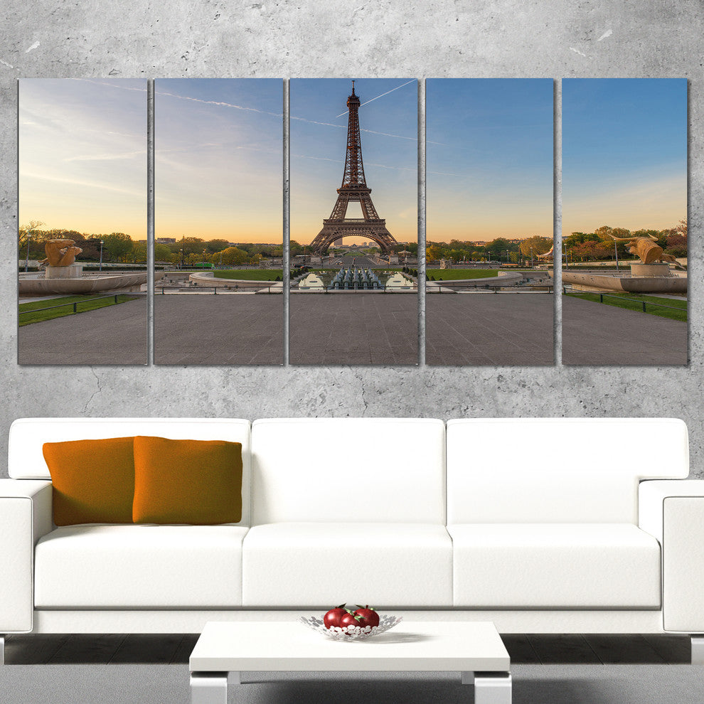 "Wide View of Paris Eiffel Tower at Sunrise" Cityscape Art, 60"x28", 5-Panels