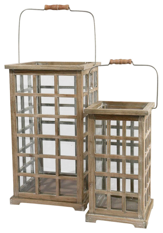 Tea Garden Rustic Natural Fir Wooden Pillar Candle Lanterns, 19.5", 2-Piece Set