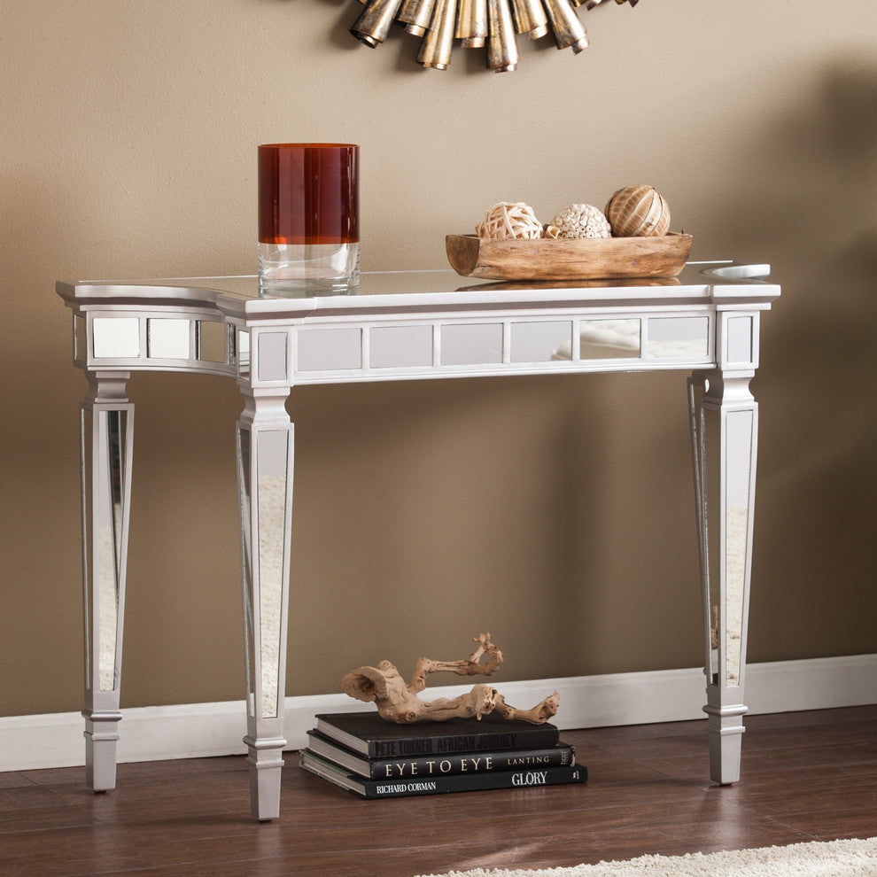 Merrin Glam Mirrored Console Table, Matte Silver