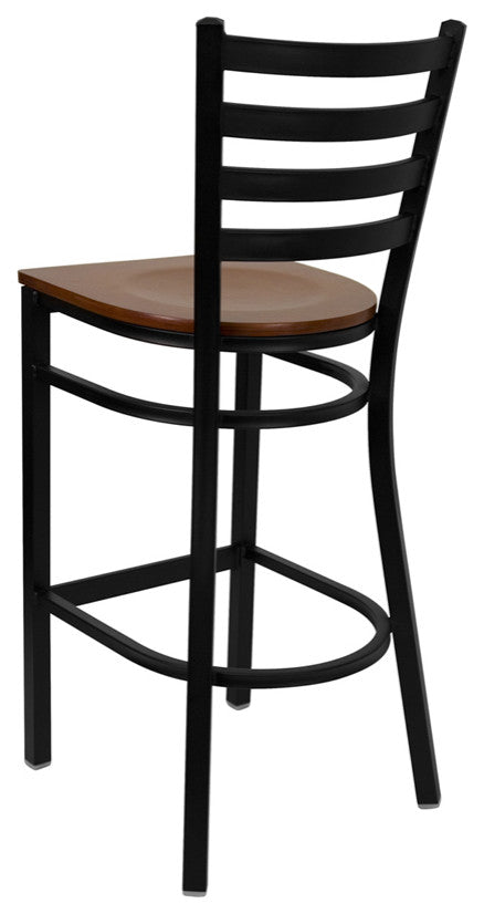 Black Ladder Back Metal Restaurant Barstool, Cherry Wood Seat