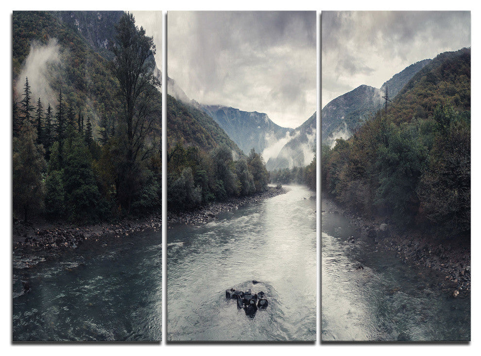 "Mountain River With Fog and Rain" Metal Wall Art, 3 Panels, 36"x28"