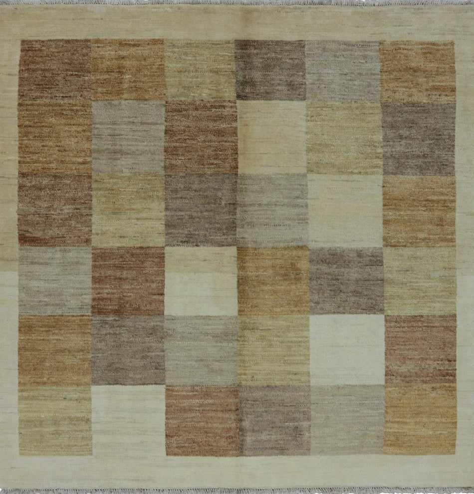 Ivory & Earth Tone Squares 5' Square Gabbeh Hand Knotted Wool Area Rug H8564