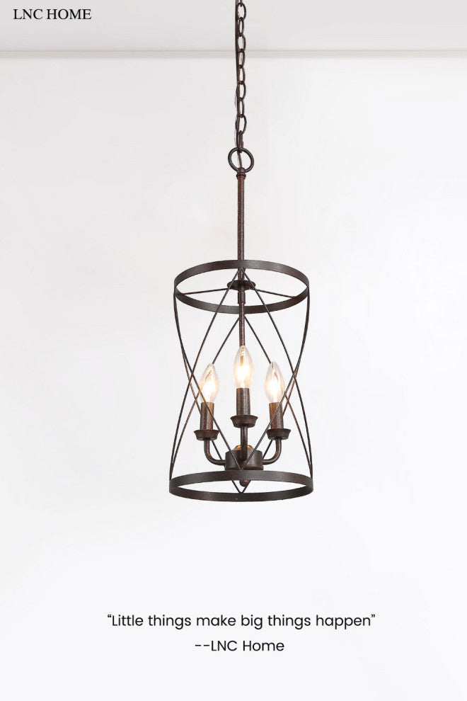 3-Light Farmhouse Chandelier, Metal Cage Foyer Pendant Light