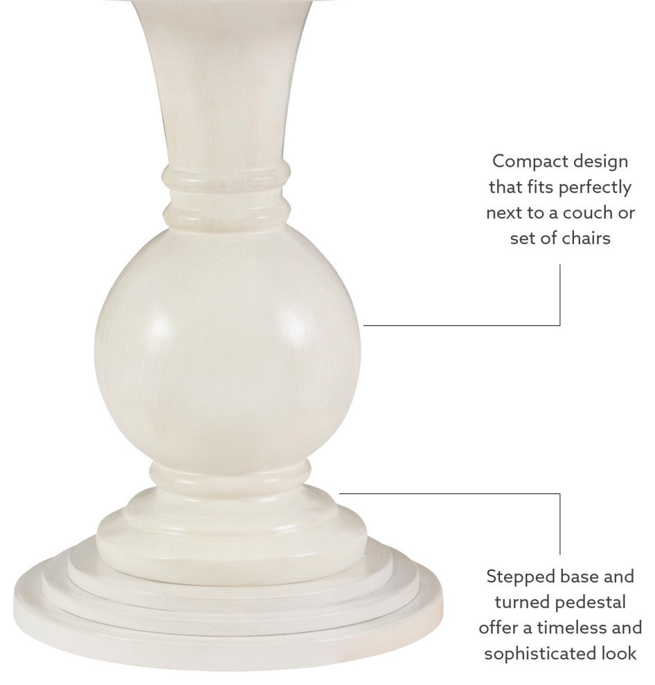Modern Farmhouse Side Table, Turned Pedestal Base With Round Wooden Top, Cream