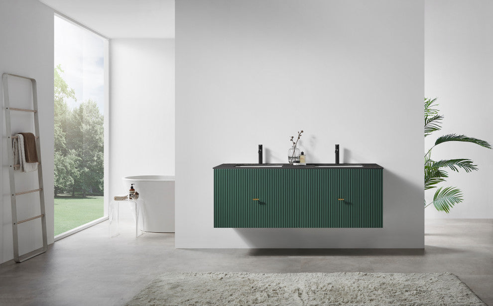 BARCELONA Wall Mount Modern Bathroom Vanity, Forest Green, 60", Black Countertop
