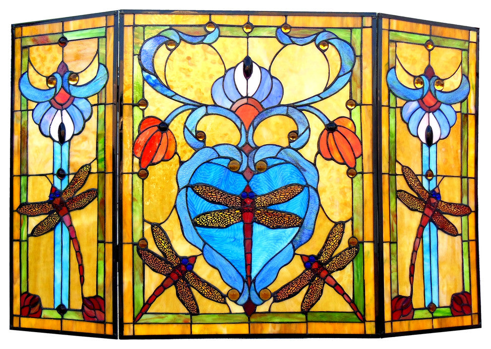 Zygo Tiffany-Style 3-Piece Folding Dragonfly Fireplace Screen, 44" Wide