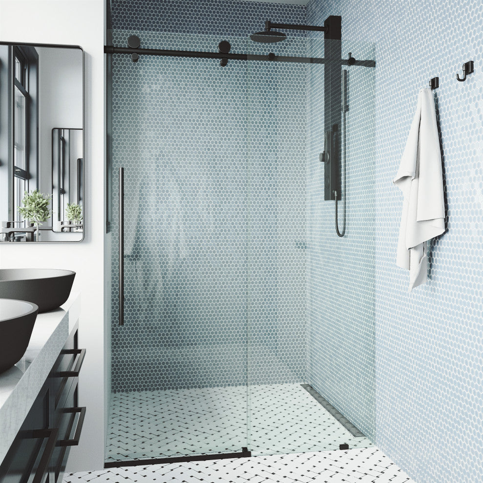 VIGO Elan E-Class 56" to 60" W x 76" H Frameless Sliding Shower Door, Matte Black, Clear Glass