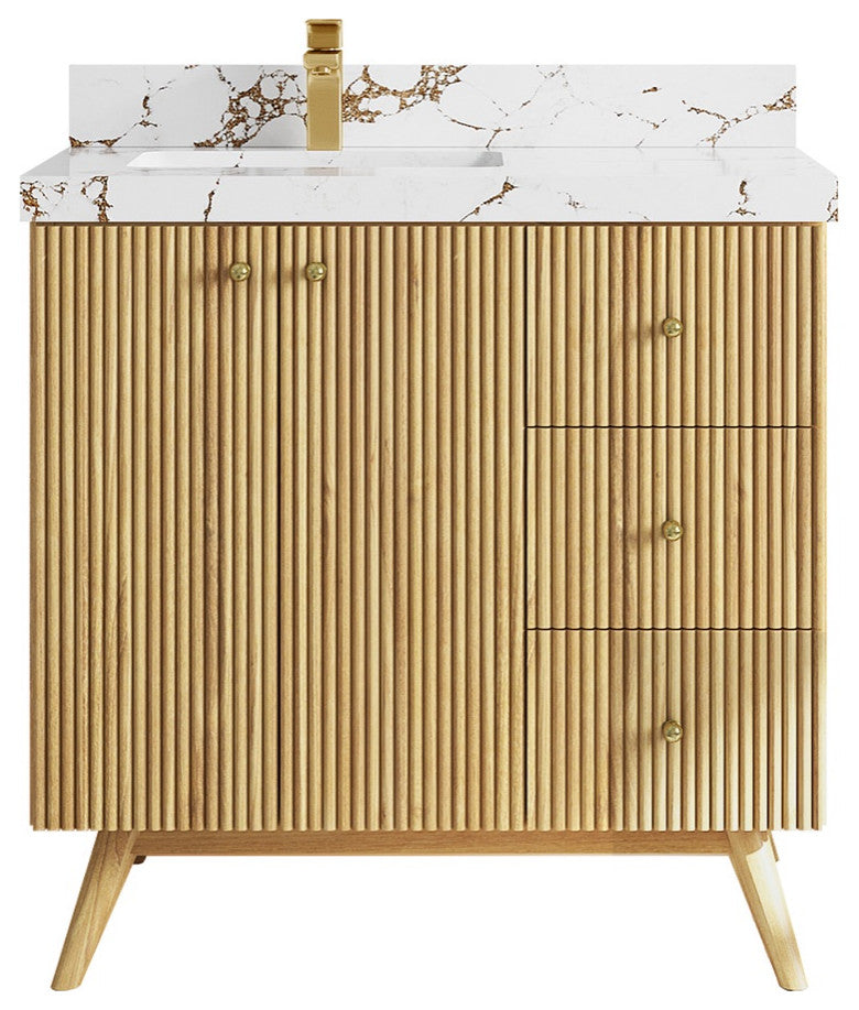 Pasadena 36 Left Offset  Bath Vanity in Light Natural Teak 2" Viola Brown