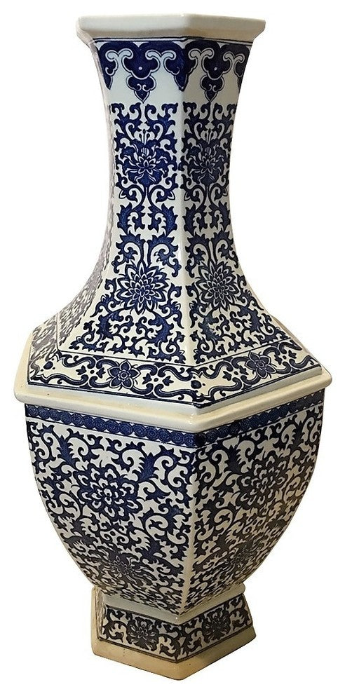 Large Blue and White Hexagonal Porcelain Vase Chinese Floral Pattern