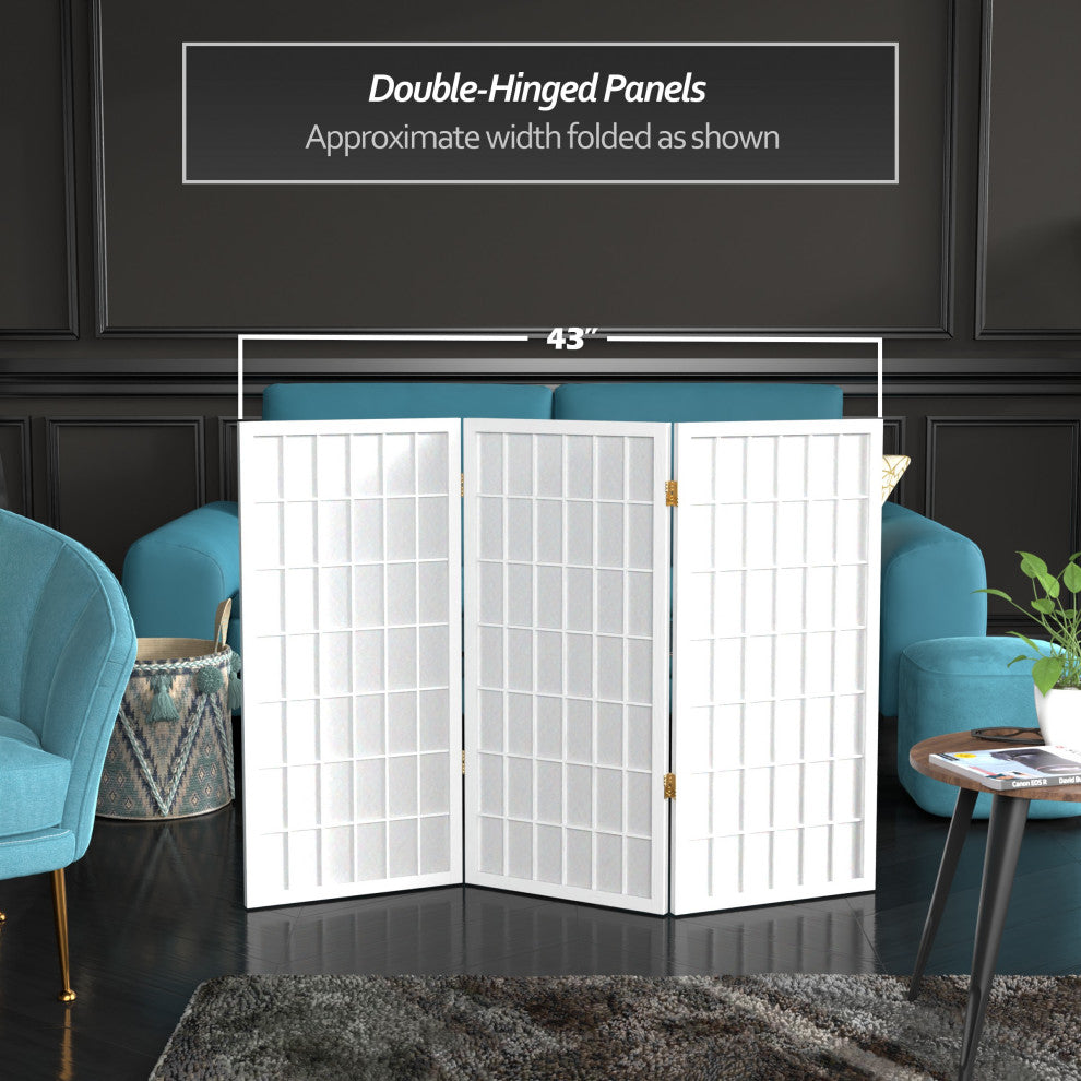 3' Tall Window Pane Shoji Screen, White, 3 Panels