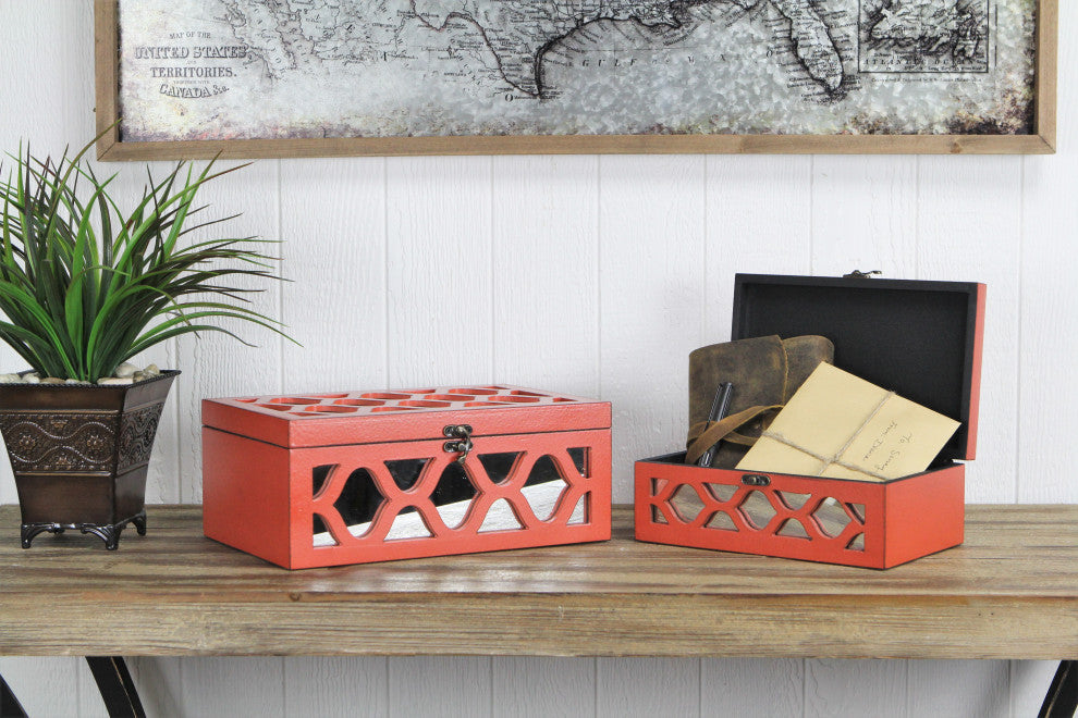 Moroccan Mirrored Wooden Boxes, Blue, Set of 2, Orange