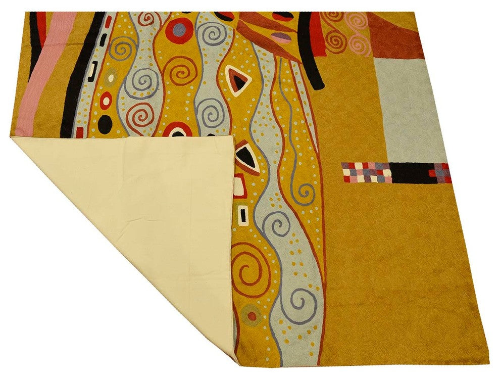 Klimt Mustard Wool Rug / Wall Tapestry Art Nouveau Hand Embroidered 6ft x 4ft