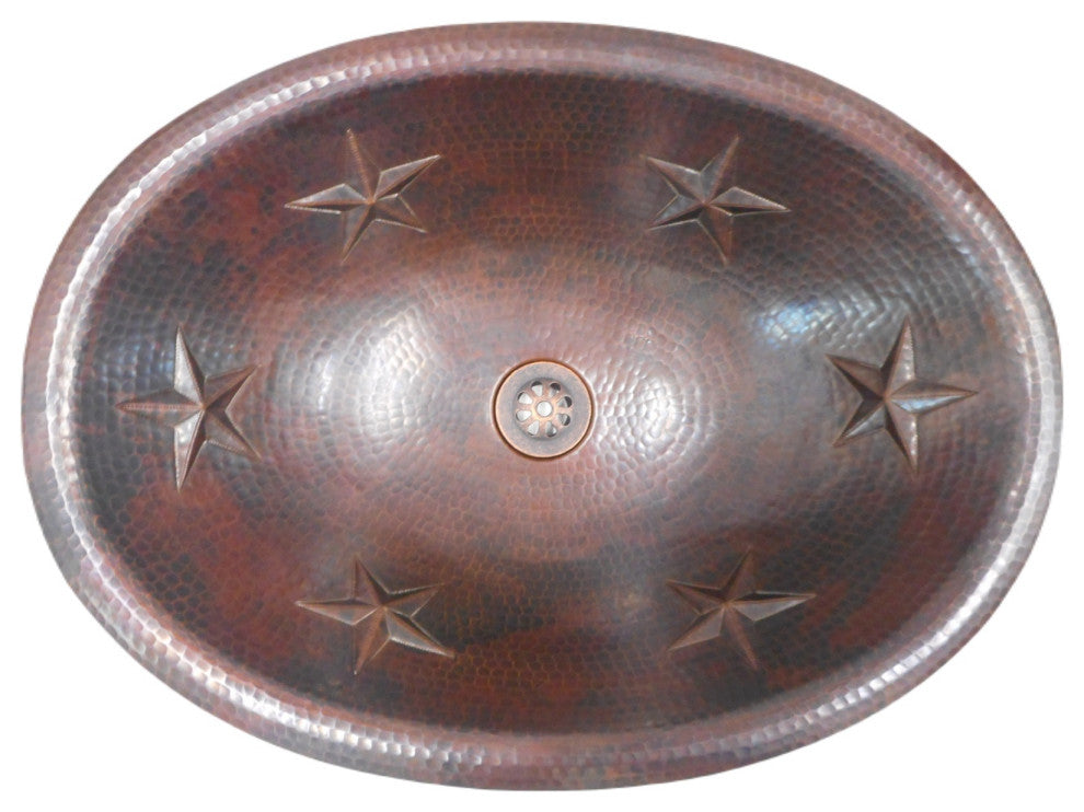 Rustic 19" Oval Copper Bath Sink Stars Design, Daisy Drain Included