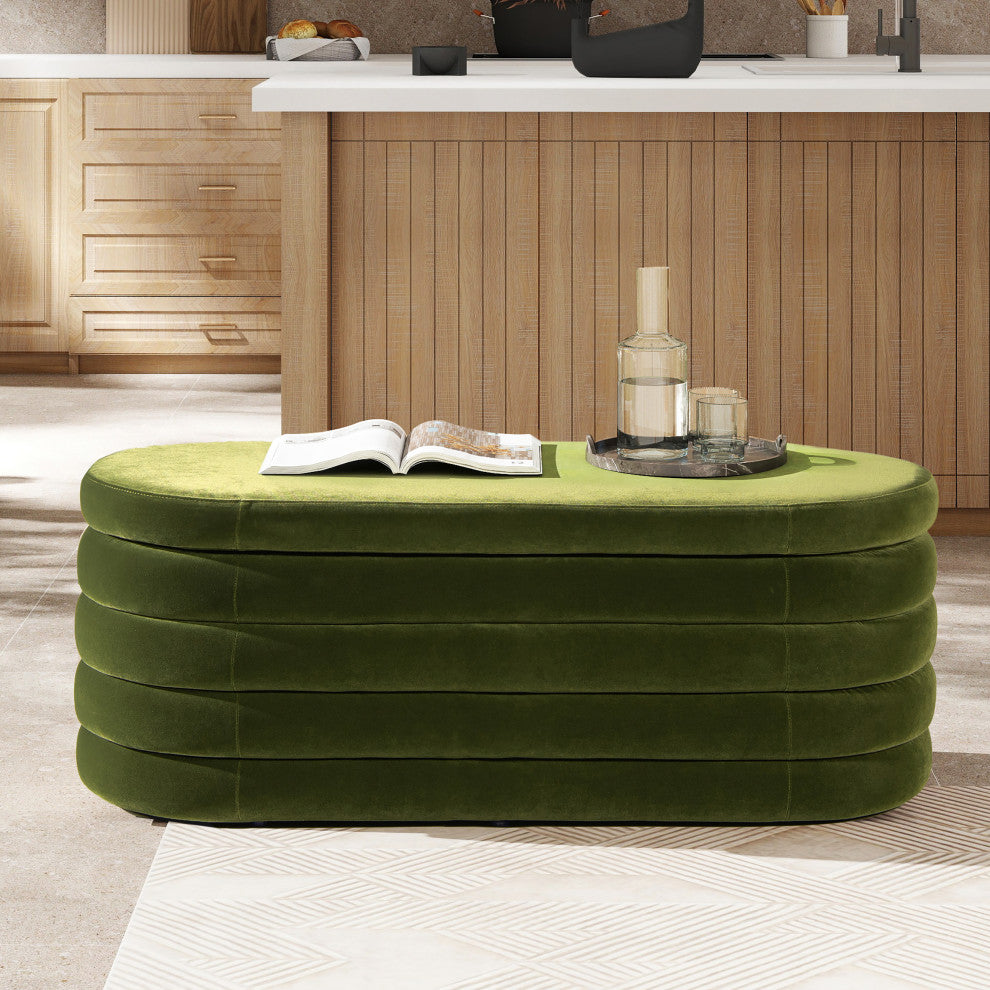 Fuji 49" Upholstered Oval Storage Bench, Olive Green