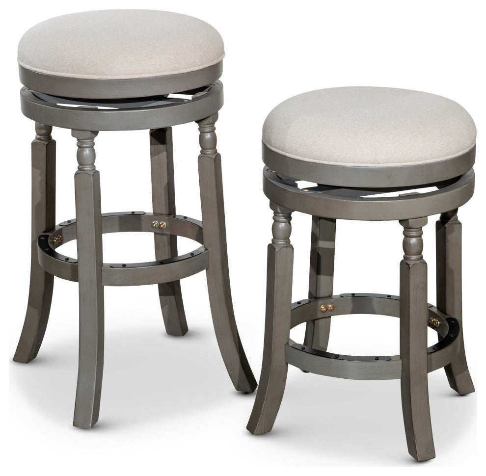 DTY Palmer Lake Swivel Stool, Weathered Gray/ Beige Fabric Seat, 24" Counter Stool