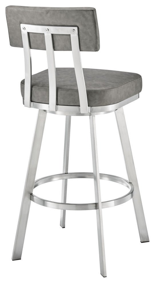 Jinab Swivel Bar Stool, Brushed Stainless Steel With Faux Leather, Gray
