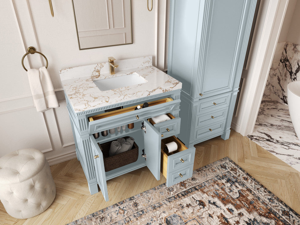 Paris 36" Center Sink Bathroom Vanity, Blue Heather 2" Carrara Marble