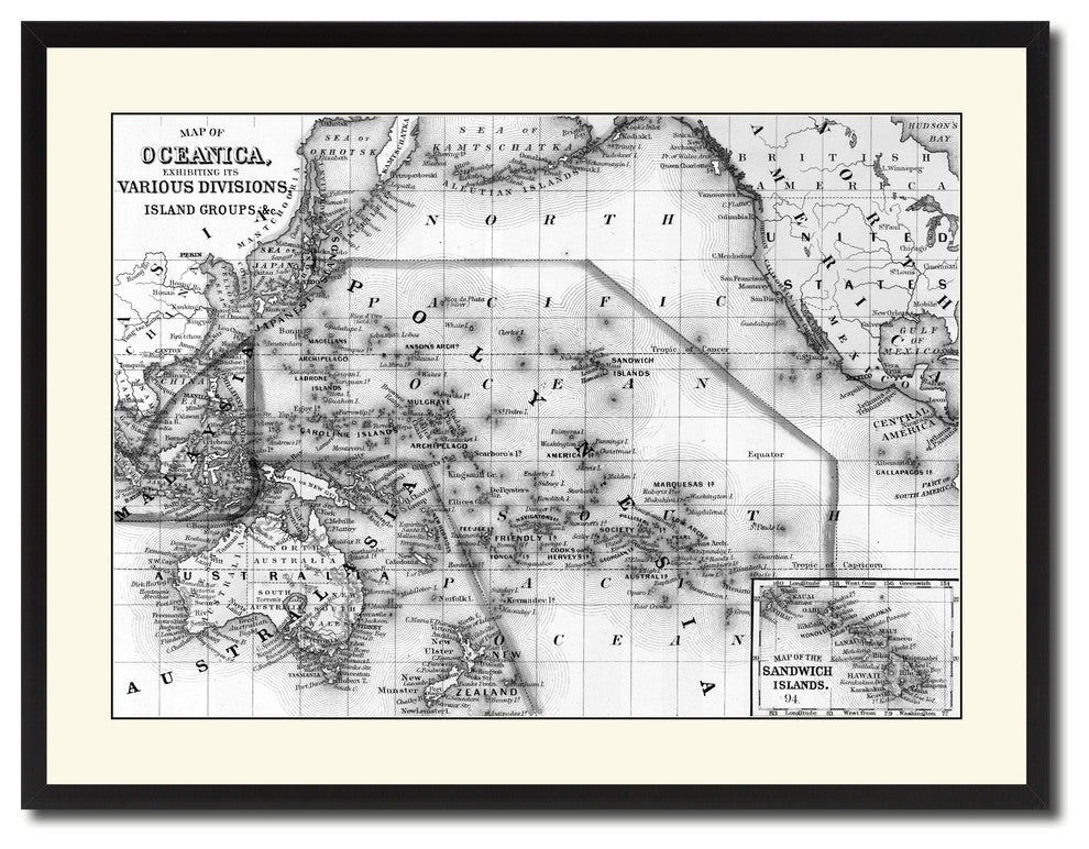 Oceania Vintage B&W Map Canvas Print, 28"x37"