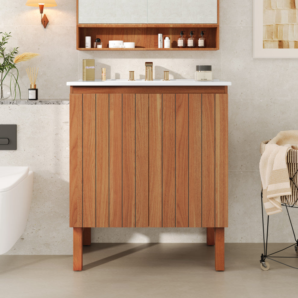 GDF Studio 30" Bathroom Vanity With Ceramic Sink & Free-Handle Doors, Natural
