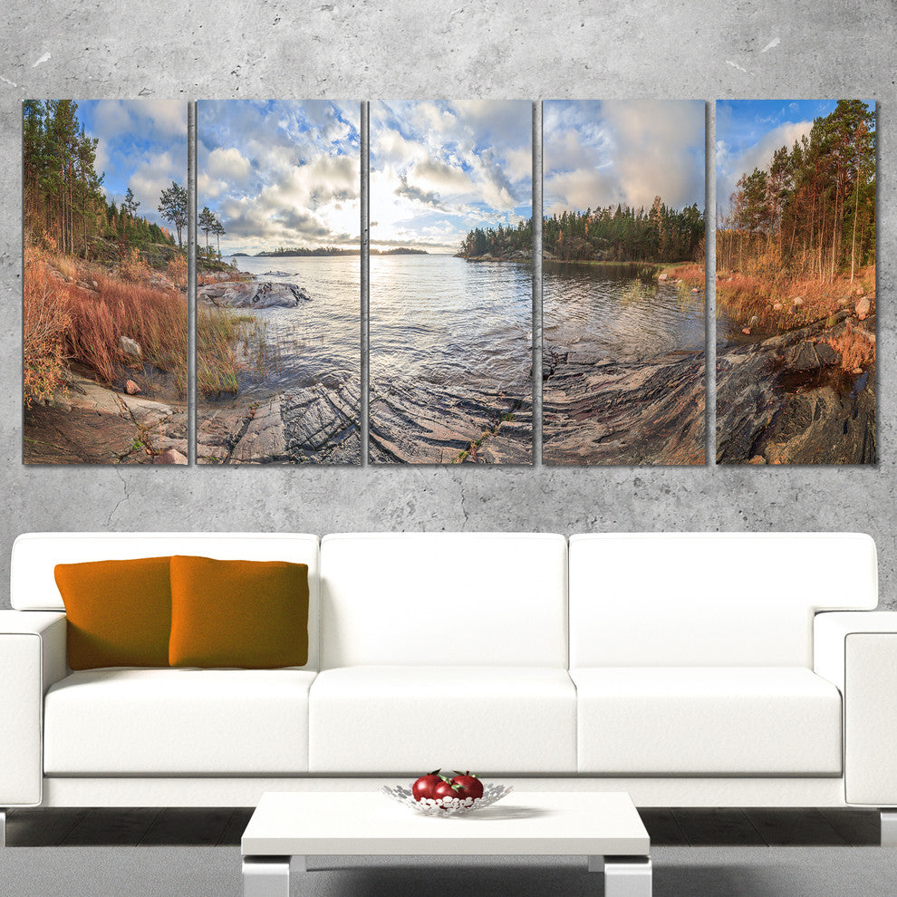 "Rocky Coast of Autumn Lake" Seashore Canvas Art, 5 Panels, 60"x28"
