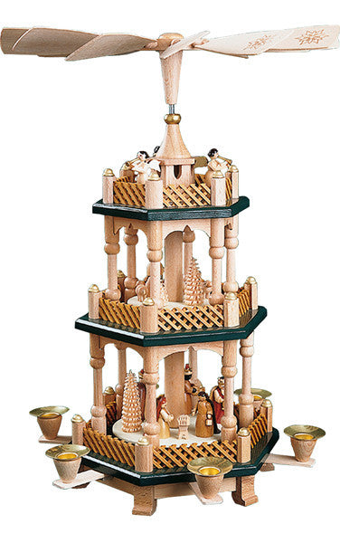 Richard Glaesser 3-Tiered Nativity Scene Pyramid- Green and Beige