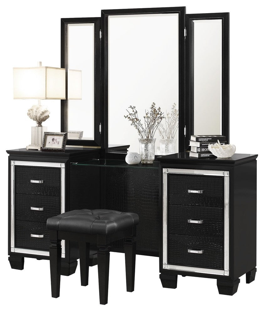 Algiers Vanity and Mirror, Black Alligator Embossed