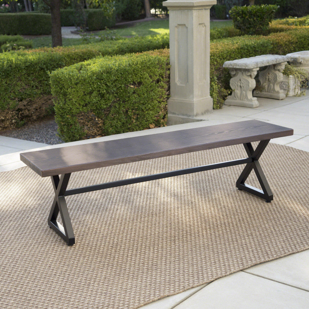 GDF Studio Rosarito Outdoor Aluminum Dining Bench With Black Steel Frame, Brown