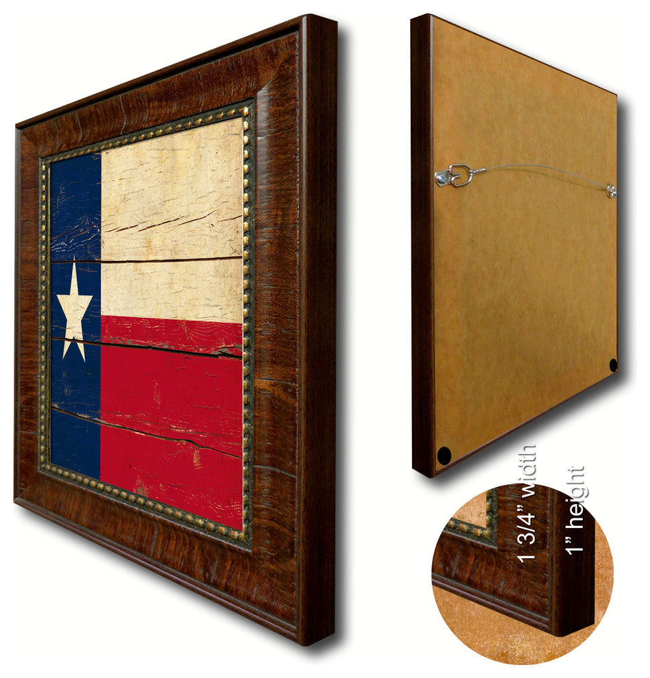 Texas State Vintage Flag Print With Brown Gold Frame, 19"X27"
