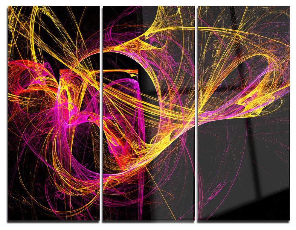 "Wisps of Smoke Yellow in Black" Digital Metal Wall Art, 3 Panels, 36"x28"