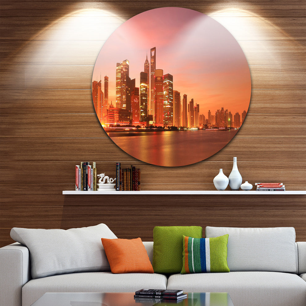 Shanghai Skyline At Dawn, Cityscape Photo Round Wall Art, 36"