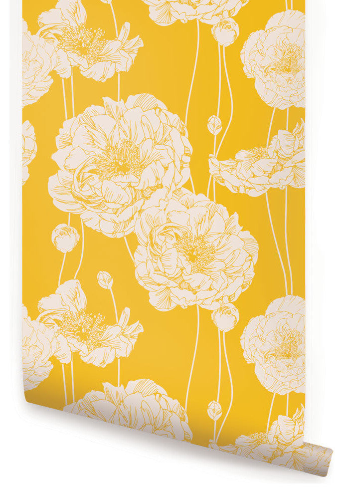 Peony Peel and Stick Vinyl Wallpaper, Yellow, 24"w X 60"h
