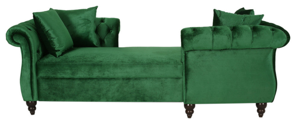 Harrisville Modern Tufted Velvet Tete-a-Tete Chaise Lounge with Accent Pillows, Emerald + Dark Brown