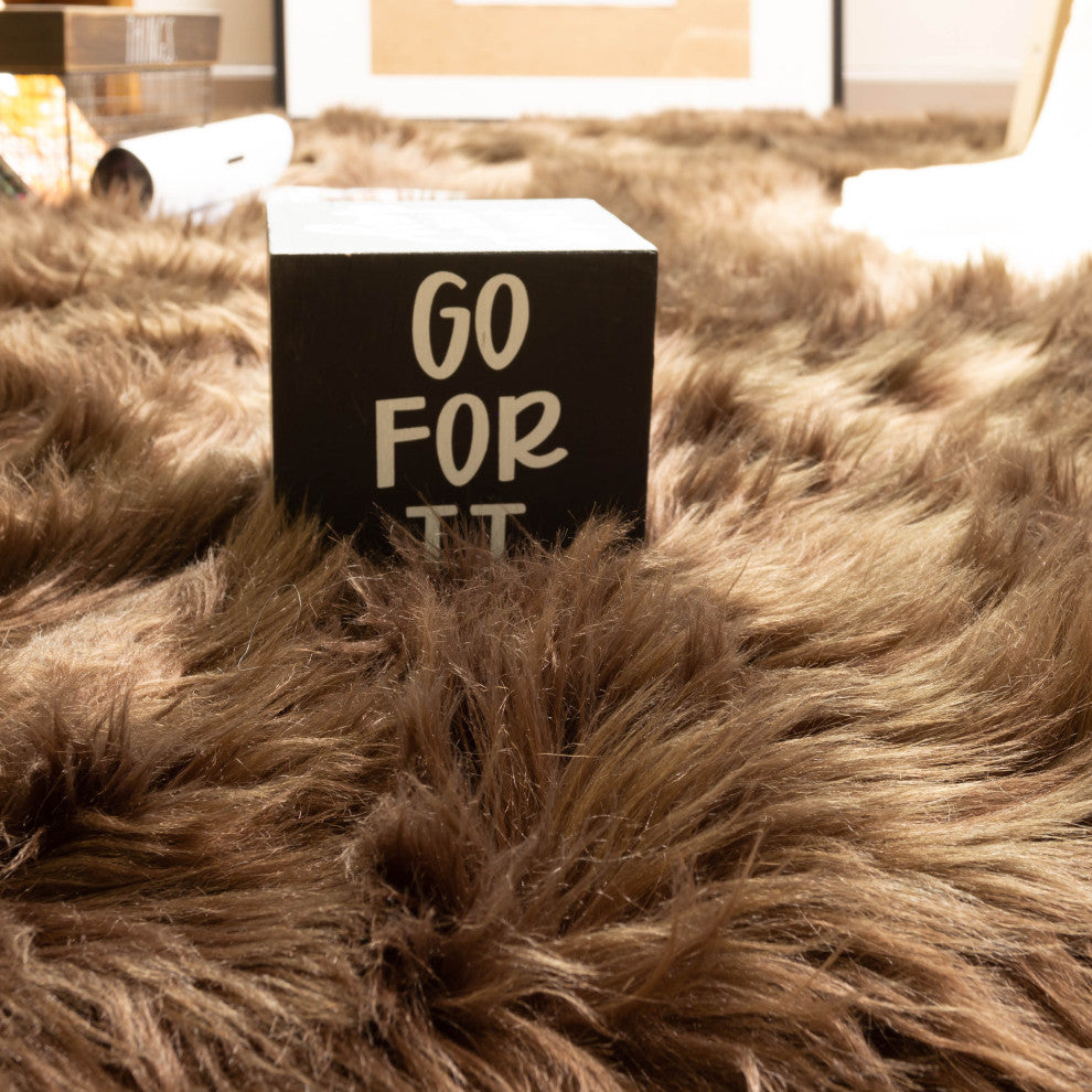 Plush and Soft Faux Sheepskin Fur Shag Area Rug, Dark Brown, 6' X 9'