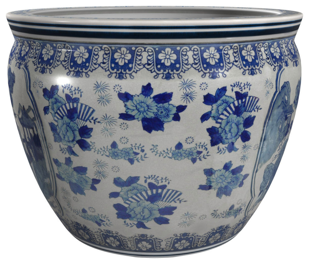 14" Ladies Blue and White Porcelain Fishbowl