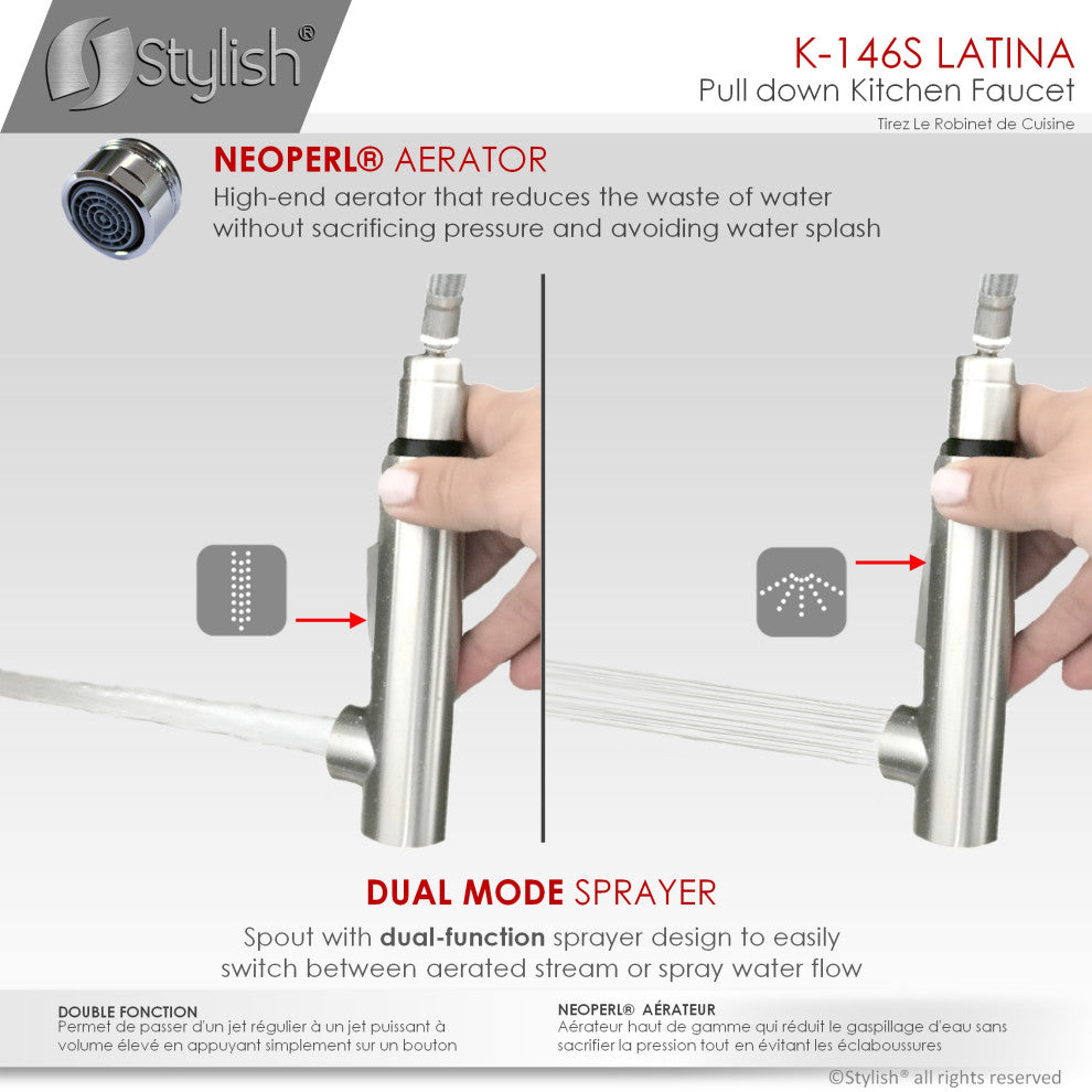 STYLISH Kitchen Sink Faucet Single Handle Pull Down Dual Mode Stainless Steel