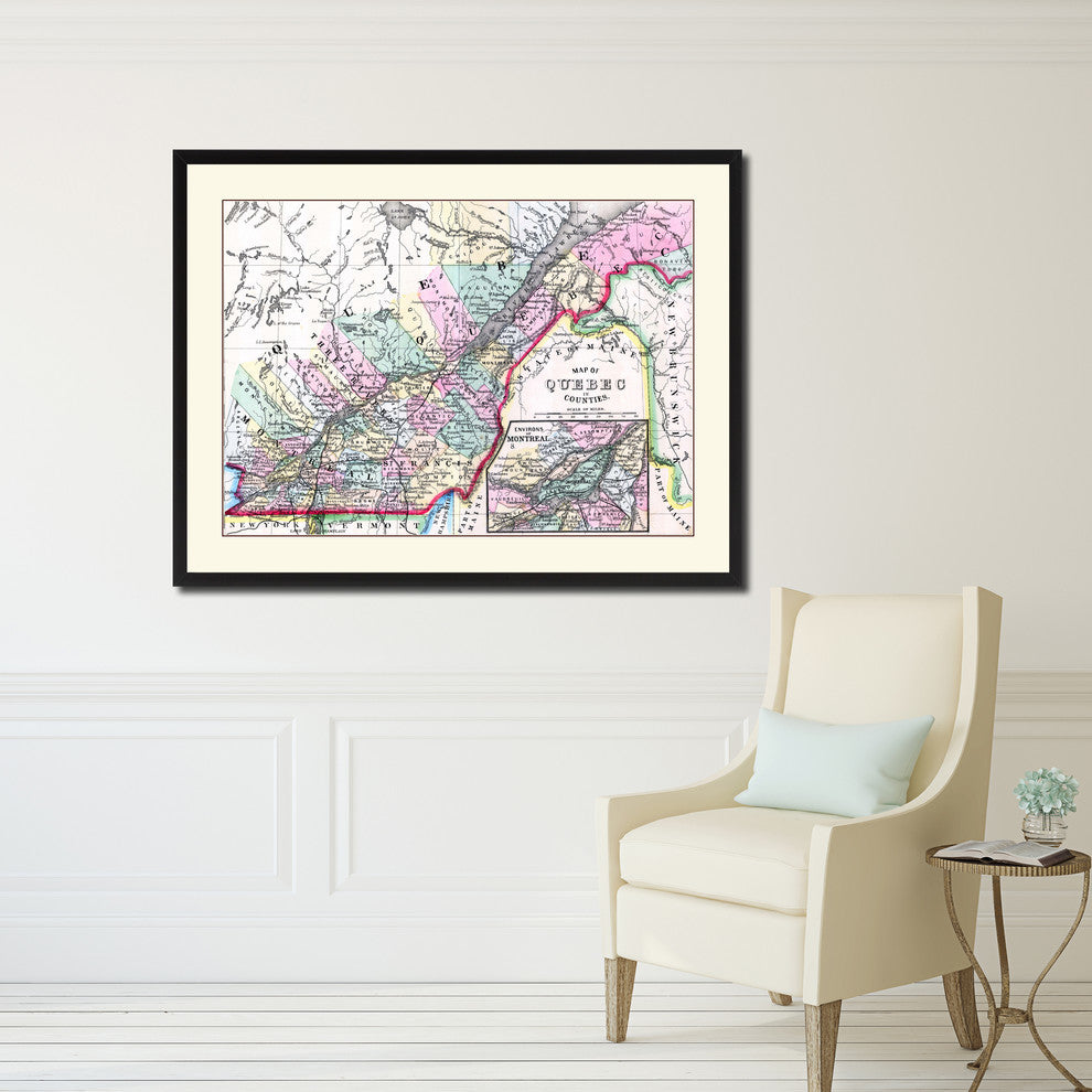 Quebec, Montreal Vintage Map Print On Canvas With Picture Frame 28" X 37"