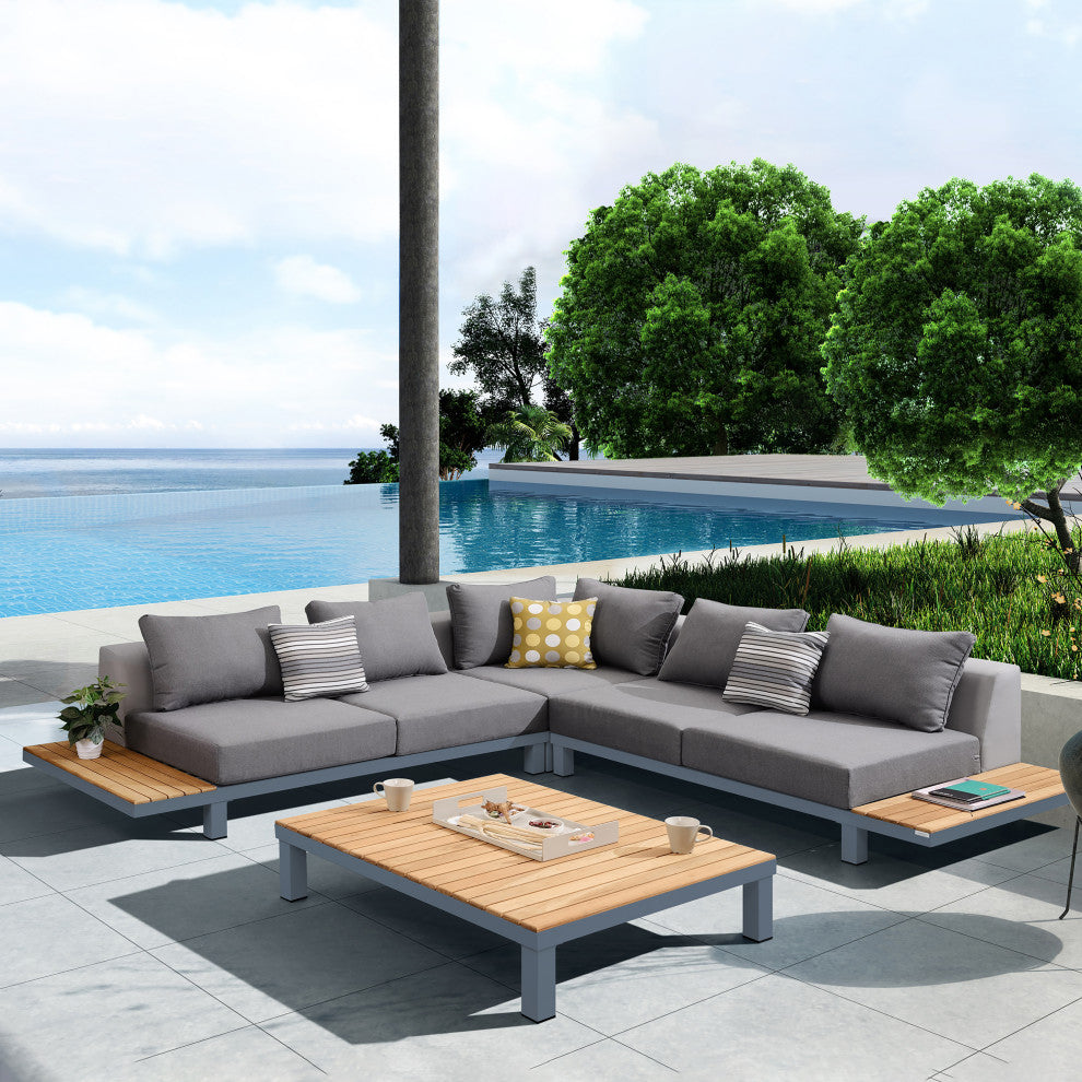 Polo 4-Piece Outdoor Sectional Set, Dark Gray Cushions and Modern Accent Pillows