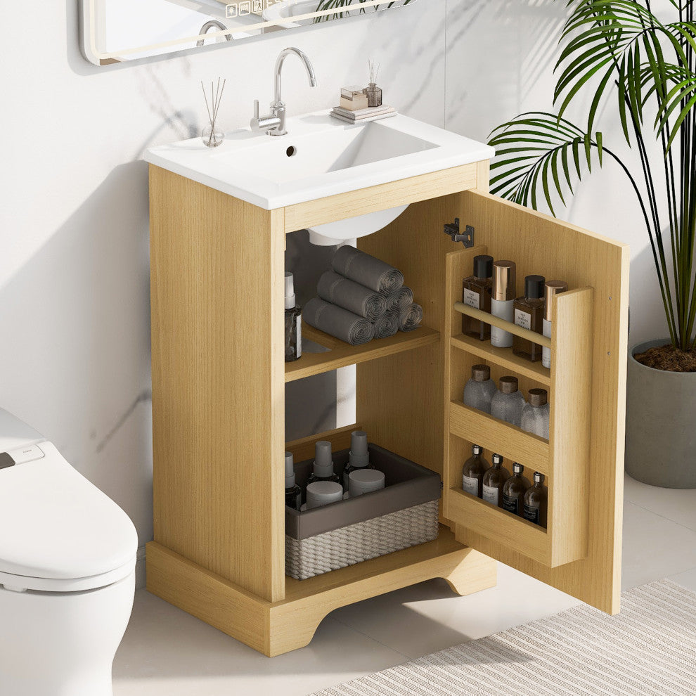 GDF Studio 20"W Storage Bathroom Vanity With Ceramic Sink, Natural
