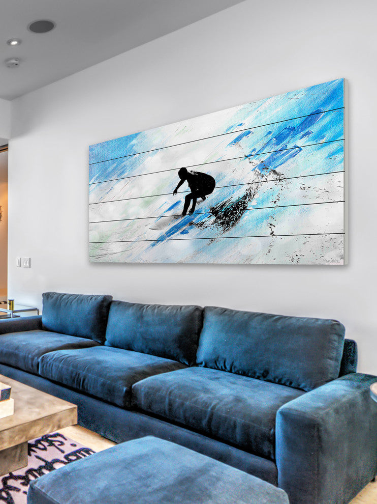 "White Surf Riding" Painting Print on White Wood, 40"x20"