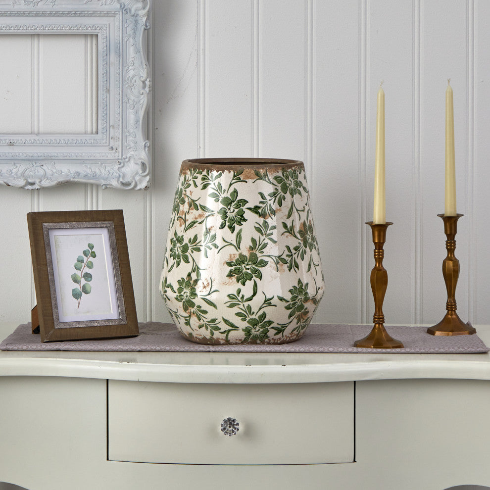 Nearly Natural 10" Tuscan Ceramic Green Scroll Planter