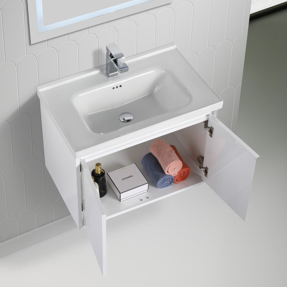 Wall Mounted Bathroom Vanity, Glossy White, 28'' W/ Sink