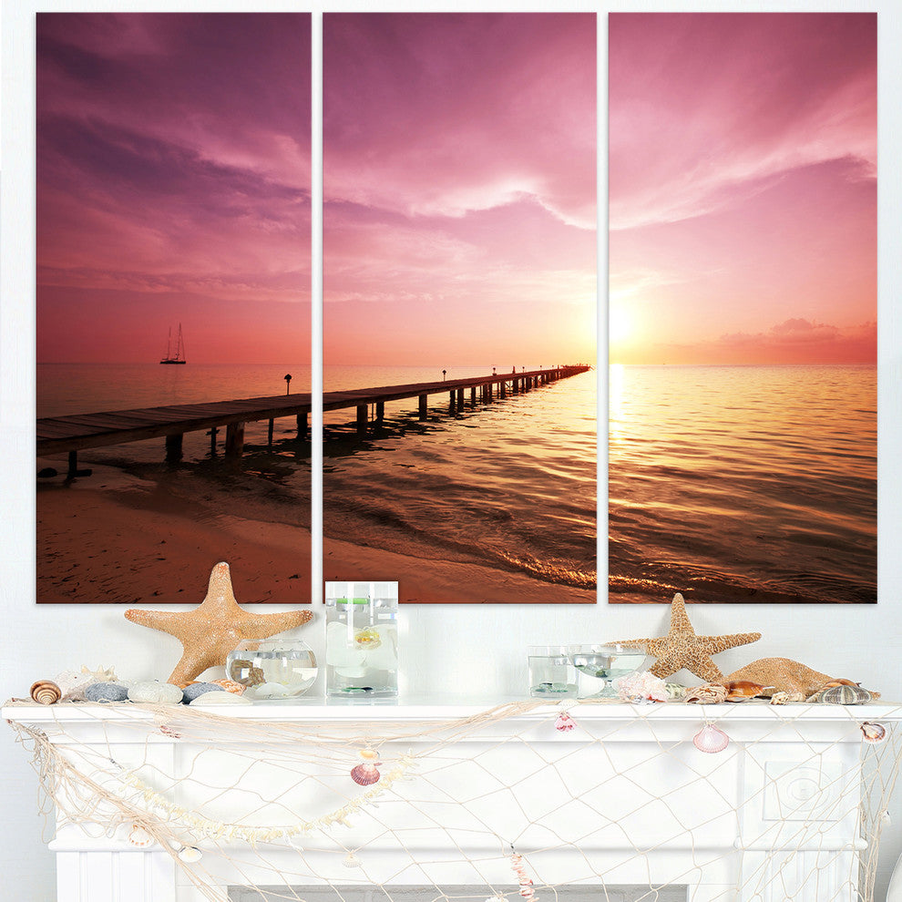 "Long Boardwalk into Sunset Sea" Sea Bridge Metal Wall Art, 3 Panels, 36"x28"