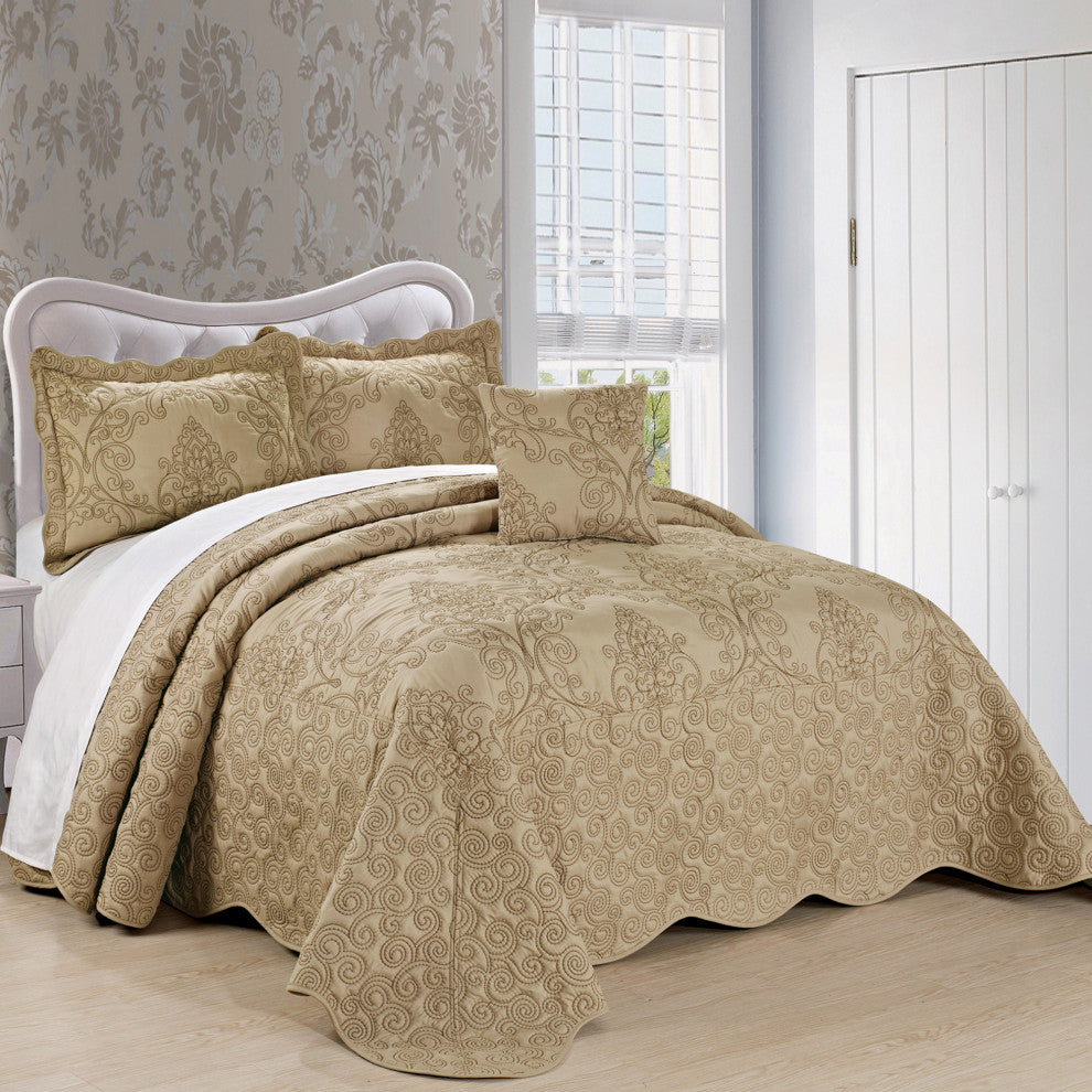 Damask Embroidered Quilted 4 Piece Bed Spread Sets, Incense, King