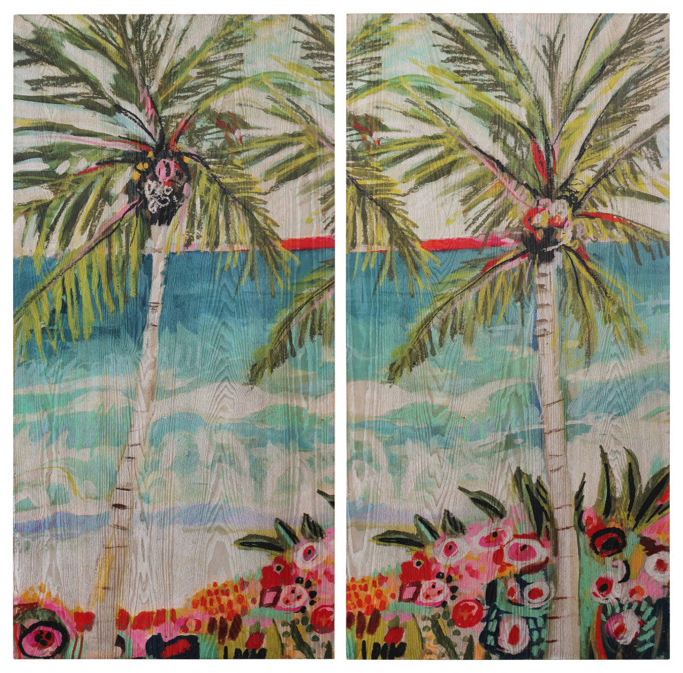 Palm Tree Diptych Wall Art Fine Giclee Printed on Hand Finished Ash Wood