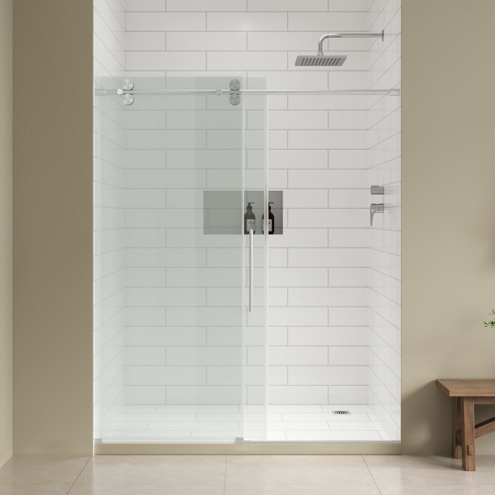 Reva Frameless Sliding Clear Alcove Shower Door, Satin Nickel, 60"
