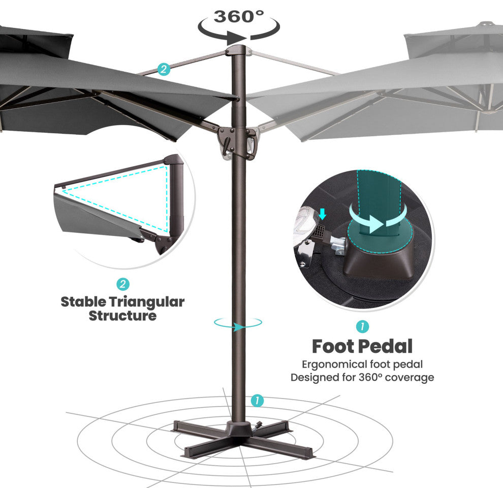 9X 11ft Patio Square Double Top Offset Umbrella Deluxe Cantilever Umbrella, Dark Gray