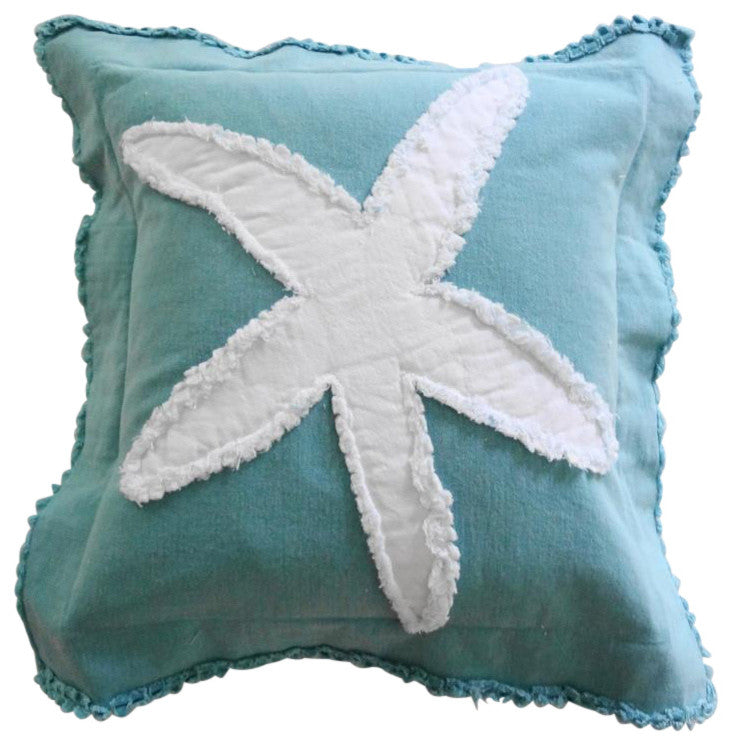 Coastal Starfish Throw Pillow, White on Caribbean Blue