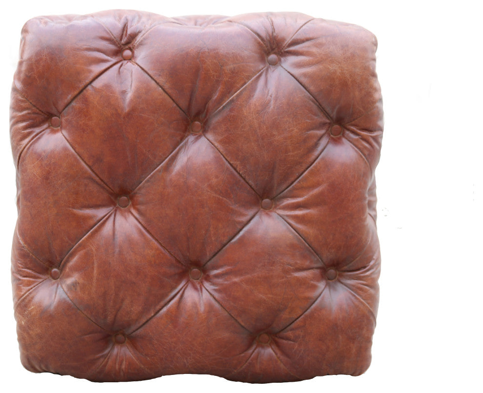 Pasargad Home Paris Club Genuine Leather Tufted Ottoman, Brown