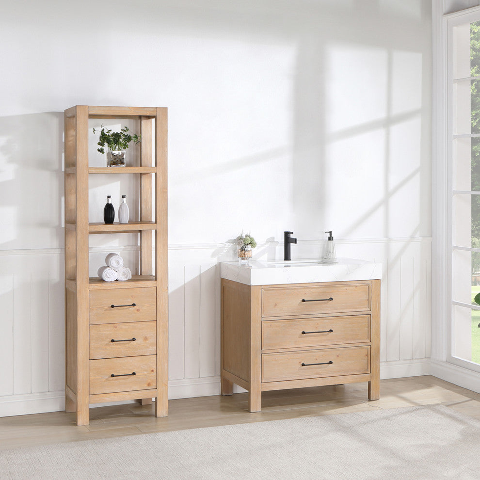 Leon Bath Vanity With Composite Stone Top, Fir Wood Brown, 36", No Mirror