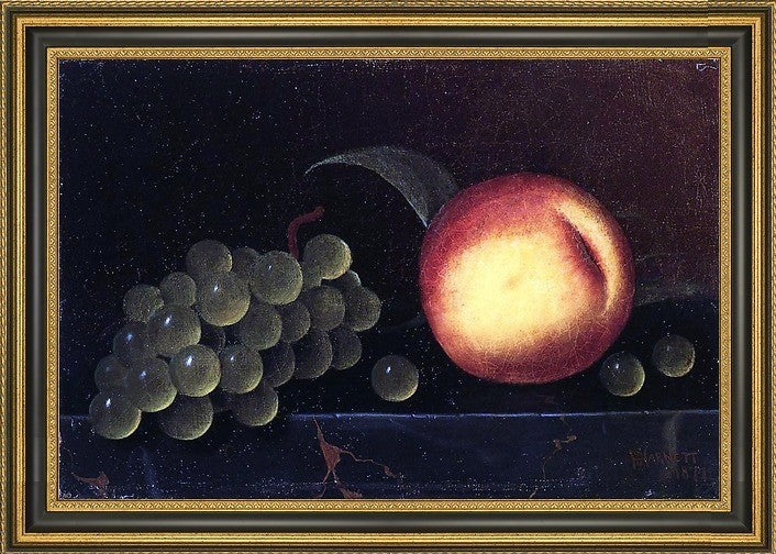 William Michael Harnett Peaches and Grapes Framed Premium Canvas Print, 16"x24"